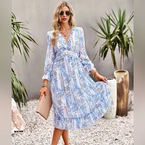 White Floral V-neck Ruffle Hem Dress